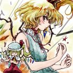  alternate_costume bare_shoulders blonde_hair blush closed_eyes fang flandre_scarlet hat musical_note nanashii_(soregasisan) profile red_eyes short_hair side_ponytail sleeveless snapping_fingers solo touhou upper_body wings 