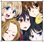  :&gt; :d akiyama_mio black_hair blonde_hair blue_eyes blush border brown_hair closed_eyes fang food fruit hairband hirasawa_yui holding k-on! kotobuki_tsumugi lemon multiple_girls nakano_azusa open_mouth pink_eyes round_teeth smile sweatdrop tainaka_ritsu takanashi_ringo teeth yellow_eyes 