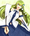  bad_id bad_pixiv_id blue_eyes breasts detached_sleeves frog_hair_ornament gohei green_hair hair_ornament hair_tubes ishiaji kochiya_sanae large_breasts long_hair open_mouth smile snake solo touhou wide_sleeves 