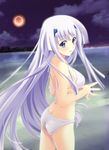  absurdres ass bikini blush cowboy_shot eclipse from_side hair_ornament hands_together highres inia_sestina lavender_eyes lavender_hair long_hair looking_at_viewer looking_back miyata_sou muvluv parted_lips scan sidelocks solo steepled_fingers swimsuit very_long_hair white_bikini 