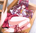  arms_behind_back bare_legs bare_shoulders barefoot bdsm bondage bound bow box detached_sleeves gagged hair_bow hakurei_reimu highres in_box in_container leg_ribbon legs long_hair lying moneti_(daifuku) mouth_hold ofuda on_side open_clothes panties red_eyes ribbon sarashi solo touhou underwear white_panties 