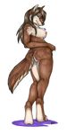  breasts brown_fur brown_hair butt canine digitigrade female fur green_eyes hair hindpaw korrok long_hair looking_at_viewer looking_back mammal necklace nipples nude paws plain_background ryudar side_boob solo standing white_background wolf 