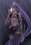  abs assassin_(fate/zero) bracelet breasts dagger earrings fate/zero fate_(series) female_assassin_(fate/zero) highres jewelry long_hair mask mask_removed medium_breasts muscle muscular_female ponytail purple_hair ring silangwan solo underboob weapon yellow_eyes 