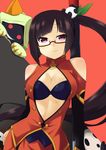  arakune black_hair blazblue breasts cleavage cleavage_cutout glasses heart highres hood hoodie lao_jiu large_breasts litchi_faye_ling long_hair multiple_girls purple_eyes red-framed_eyewear sasakura semi-rimless_eyewear side_ponytail smile taokaka under-rim_eyewear 