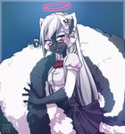  big_tail black_fur clothed clothing eyewear female fur glasses hair halo lapres long_hair looking_at_viewer mammal multicolor_fur purple_eyes skunk solo two_tone_fur white_fur white_hair 