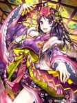  alternate_color breasts detached_sleeves dual_wielding fan folding_fan hair_ornament holding japanese_clothes long_hair looking_at_viewer medium_breasts nardack nene_(sengoku_saga) open_mouth purple_eyes purple_hair sengoku_saga sideboob smile solo 