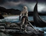  back back_turned back_view boat canine clothed clothing detailed detailed_background fire foot_wraps fur gloves grey_fur landscape lightning mammal mountain novawuff rock sea seaside standing storm sword tail_clothing topless village warrior water weapon werewolf_calendar white_fur wolf 
