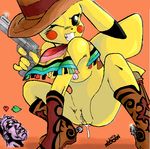  anthro boots bottomless breasts clothed clothing cum female gun half-dressed looking_at_viewer mexican nintendo oekaki peterson pikachu pistol pok&#233;mon pok&#233;morph pok&eacute;mon pok&eacute;morph pussy pussy_juice ranged_weapon sombrero spurs till_lindemann topless video_games weapon 