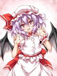  bat_wings hat hat_ribbon open_mouth puffy_sleeves purple_hair red_eyes remilia_scarlet ribbon roura short_hair short_sleeves solo touhou v wings wrist_cuffs 