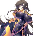  black_bodysuit bodysuit breasts brown_hair covered_navel dutch_angle eyebrows_visible_through_hair hair_ribbon hand_on_own_thigh highres impossible_bodysuit impossible_clothes large_breasts lips long_hair looking_at_viewer lying miyata_sou muvluv muvluv_alternative muvluv_total_eclipse official_art on_side parted_lips pilot_suit purple_eyes ribbon shiny shiny_clothes skin_tight solo takamura_yui teeth transparent_background very_long_hair 