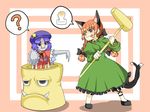  2girls animal_ears blush braid cat_ears cat_tail chinese_clothes hat highres kaenbyou_rin kine long_hair long_sleeves mallet miyako_yoshika multiple_girls multiple_tails outstretched_arms puffy_sleeves purple_eyes purple_hair red_eyes red_hair short_hair short_sleeves smile star symbol-shaped_pupils tail touhou twin_braids verta_(verlaine) zombie_pose 