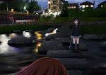  anime_location bad_id bad_pixiv_id black_hair blush bridge brown_eyes k-on! long_hair nakano_azusa night official_style ragho_no_erika river rock sakuragaoka_high_school_uniform school_uniform skirt standing statue stepping_stones turtle twintails 