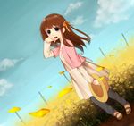  :d adjusting_hair brown_hair casual cloud day dress dutch_angle field flower flower_field fruits_basket full_body grey_eyes hair_ribbon hat hat_removed headwear_removed highres honda_tooru long_hair open_mouth pants petals rapeseed_blossoms ribbon setunarennsa sky smile solo standing sun_hat 