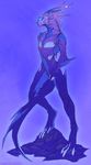  blue_theme cool_colors dragon glowing_eyes looking_at_viewer male purple_theme rickenbacker simple_background solo standing toned 