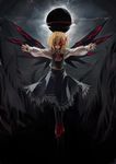  black_wings blonde_hair dress ex-rumia frills highres looking_at_viewer outstretched_arms red_eyes rumia solo spark621 touhou wings 