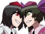  black_hair clenched_teeth green_eyes green_hair grin hat himekaidou_hatate jeno multiple_girls red_eyes shameimaru_aya short_hair smile teeth tokin_hat touhou twintails white_background 