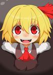  ascot blonde_hair darkness fangs hair_ribbon hecchi_(blanch) open_mouth red_eyes ribbon rumia short_hair solo touhou 