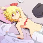  bed_sheet blonde_hair breasts cato_(monocatienus) collarbone covering groin hair_ribbon lying navel nude pillow red_eyes ribbon rumia short_hair skirt small_breasts smile solo touhou 