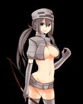  1girl at2. black_background black_eyes black_hair bow_(weapon) breasts cleavage cleavage_cutout elbow_gloves gloves hat hot_pants jpeg_artifacts large_breasts legwear long_hair minecraft navel personification short_shorts shorts simple_background skeleton_(minecraft) smile solo thighhighs twintails weapon 