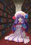  book bookshelf bow capelet crescent hair_bow hat highres long_hair long_sleeves patchouli_knowledge purple_eyes purple_hair solo t2r touhou 