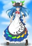  blue_hair bow cross-laced_footwear food fruit hat highres hinanawi_tenshi leaf long_hair peach puffy_sleeves red_eyes short_sleeves smile solo standing t2r touhou 