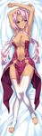  absurdres armpits arms_up barefoot blue_eyes breasts center_opening cleavage dakimakura dark_skin full_body highres hikage_eiji koihime_musou large_breasts lying no_panties pink_hair sidelocks solo sonken thighhighs toe_scrunch toeless_legwear toes white_legwear 