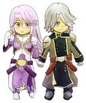  1boy 1girl belt breasts coat dios_(tales) dress gloves grey_eyes grey_hair long_hair meltia_(tales) open_mouth pants pantyhose purple_eyes purple_hair shoes short_hair tales_of_(series) tales_of_phantasia:_narikiri_dungeon_x 