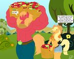  anthrofied apple applejack_(mlp) basket big_mac big_macintosh_(mlp) blonde_hair brother clothing cowboy_hat english_text equine female friendship_is_magic fruit hair hat horse juano male mammal muscles my_little_pony pony sibling sister text tree wood yoke 