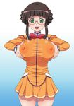  absurdres black_hair breast_hold breasts fujisawa_yayoi glasses green_eyes highres huge_breasts looking_at_viewer okamura_hijiki skirt smile solo uchuu_no_stellvia 