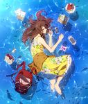  afloat backpack bag bare_shoulders barefoot book brown_hair cellphone closed_eyes dress fish food from_above fruit hair_spread_out handheld_game_console highres long_hair lying on_side original partially_submerged phone playstation_portable sleeping sleeveless solo todoroki_suyoshi water watermelon yotsubato! 