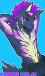  eyewear goggles hair hyena male mammal purple_eyes purple_hair rickenbacker simple_background solo toned topless two_tone_hair 