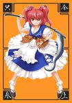  breasts cleavage collarbone grin hair_bobbles hair_ornament highres medium_breasts obi onozuka_komachi puffy_sleeves red_eyes red_hair sash scythe short_hair short_sleeves smile solo t2r touhou two_side_up weapon 