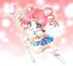  back_bow bishoujo_senshi_sailor_moon blue_eyes blue_sailor_collar blue_skirt boots bow chibi_chibi double_bun drill_hair full_body gloves heart magical_girl pink_background pleated_skirt red_hair sailor_chibi_chibi sailor_collar sailor_senshi_uniform shirataki_kaiseki short_hair skirt smile solo sparkle staff tiara twin_drills twintails white_gloves 