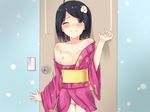  ;( ahoge araragi_tsukihi bad_id bad_pixiv_id black_eyes black_hair blush breasts bulnakji cum cum_on_body cum_on_upper_body facial fried_egg hair_ornament japanese_clothes kimono medium_breasts monogatari_(series) nipples nisemonogatari one_eye_closed panties short_hair solo tears underwear 