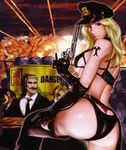  ass blonde_hair dixie_clemets explosion facial_hair formal gun hat looking_at_viewer looking_back lowres mustache rumble_roses suit weapon 