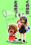  &gt;_&lt; ahoge animal_ears asymmetrical_wings beetle black_hair bow brown_hair bug cat_ears cat_tail chen closed_eyes earrings fang highres houjuu_nue insect jewelry multiple_girls multiple_tails open_mouth red_eyes short_hair sleeveless stag_beetle tail touhou translated verta_(verlaine) wings 