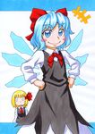  2girls blue_eyes blue_hair blush_stickers bow cirno cosplay hair_bow hair_ribbon hands_on_hips kawachi_koorogi marker_(medium) multiple_girls ribbon rumia rumia_(cosplay) skirt skirt_set smile touhou traditional_media wings 