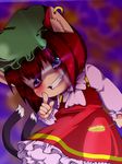  animal_ears bow brown_hair cat_ears cat_tail chen earrings evil_smile glowing glowing_eyes hat jewelry long_sleeves multiple_tails no_nose purple_eyes short_hair smile solo tail touhou verta_(verlaine) 