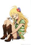  absurdres ahoge blonde_hair boots breasts cleavage flower full_body glasses green_eyes highres hoshii_miki idolmaster idolmaster_(classic) jewelry long_hair medium_breasts necklace nishigori_atsushi official_art one_eye_closed scan shorts solo tongue white_background 
