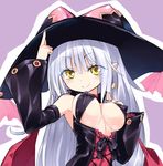  bare_shoulders blush breasts covered_nipples detached_sleeves earrings hand_on_breast hat heart heart_earrings homura_subaru jewelry large_breasts lillian_ljungstrom long_hair looking_at_viewer nail_polish original pointy_ears silver_hair smile solo upper_body witch witch_hat yellow_eyes 