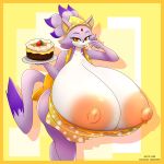  amber_eyes anthro apron areola bandanna big_breasts blaze_the_cat breasts cake cat clothing cornchip21 dipstick_tail feline female finger_lick food forehead_gem fur hair huge_breasts hyper hyper_breasts jcdr licking mammal multicolored_tail nipples purple_fur purple_hair signature solo sonic_(series) tongue tongue_out 