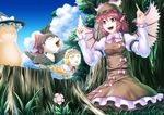  alice_margatroid anger_vein animal_ears animalization bow brown_eyes fingernails flower hair_bow hairband hakurei_reimu hat highres kirisame_marisa long_fingernails music mystia_lorelei nature nazal open_mouth pink_hair short_hair singing sitting solo touhou tree tree_stump wings witch_hat 