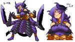  armor armored_dress boots breasts claws demon_girl elbow_gloves gloves hair_over_one_eye head_tilt horns jewelry large_breasts long_hair long_skirt matsuda_yuusuke necklace nise_maou_kanizeru purple_eyes purple_hair sharp_teeth skirt solo teeth yuusha_to_maou 