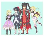  2boys 2girls ahoge armor bare_shoulders black_hair blonde_hair blue_background boots breasts choker coat dress elbow_gloves elise_lutus elize_lutus eyes_closed flower frills gaias gaius_(tales) gloves hair_ornament highres jude_mathis midriff milla_maxwell multicolored_hair multiple_boys multiple_girls navel open_mouth pants red_eyes ribbon short_hair skirt tales_of_(series) tales_of_xillia teepo_(tales) tipo_(xillia) 