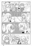  4girls :&lt; ^_^ absurdres ahoge alice_margatroid alternate_costume basket blush bowing braid casual closed_eyes comic contemporary eye_contact flying_sweatdrops food fruit fujiwara_no_mokou futa_(nabezoko) greyscale hair_ribbon hairband highres kamishirasawa_keine kirisame_marisa long_hair looking_at_another monochrome morichika_rinnosuke multicolored_hair multiple_girls open_mouth patchouli_knowledge ribbon short_hair single_braid sleeping sweatdrop touhou translated two-tone_hair 