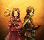  ^_^ brother_and_sister brown_eyes brown_hair cape eyes_closed garcia_(golden_sun) gloves hair_tie highres jasmine_(golden_sun) jenna_(golden_sun) long_hair ponytail red_hair rio-sout siblings sword weapon 