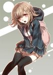  backpack bag black_legwear blazer brown_hair danganronpa flipped_hair hair_ornament hood hoodie jacket looking_at_viewer nanami_chiaki nokishita open_mouth red_eyes school_uniform short_hair skirt solo super_danganronpa_2 thighhighs zettai_ryouiki 