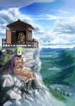  animal_ears backpack bag boots cape city cloud danbo_(rock_clime) day dress eating grass green_eyes green_hair hat highres kasodani_kyouko lake mountain scenery short_hair sitting sky solo temple touhou 
