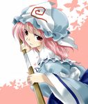  grin hat katana pink_eyes pink_hair saigyouji_yuyuko smile solo sword touhou triangular_headpiece unya weapon 