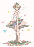  bare_shoulders barefoot breasts brown_eyes brown_hair cleavage crossed_legs error flower medium_breasts original petals shigetoshisss short_hair sitting smile smirk solo 